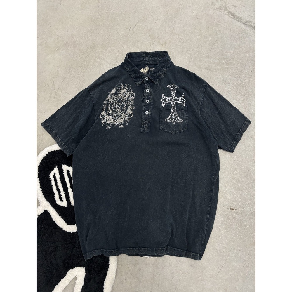 For Him UK Mens XXL Black Mineral Wash Rhinestone Cross Fleur De Lis Polo Shirt